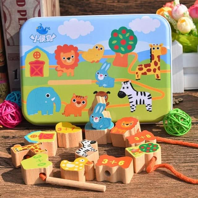 Wooden Toys Baby DIY Toy Cartoon Fruit Animal Stringing Threading Wooden Beads Toy Reluova