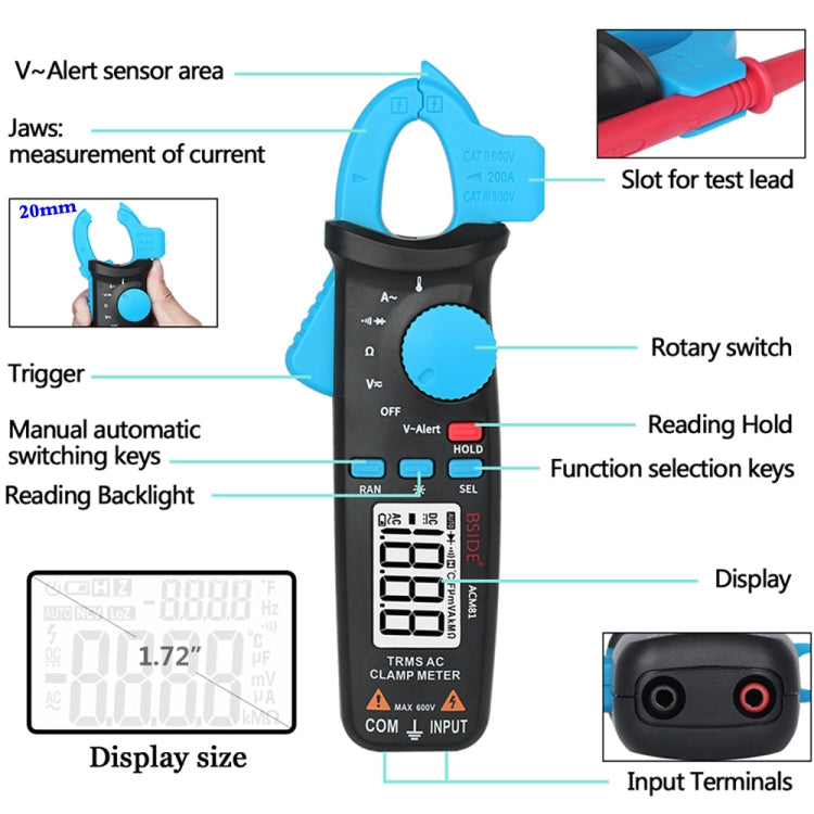 BSIDE ACM81 Digital Clamp Meter Auto-Rang 1mA Accuracy 200A Current DC AC Multimeter Reluova