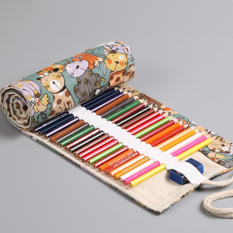 12 Holes Cotton Canvas Large Capacity Pen Curtain Big Face Cute Cat Cartoon Color Pencil Bag