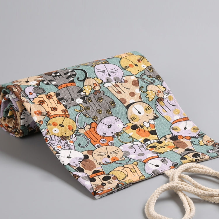 12 Holes Cotton Canvas Large Capacity Pen Curtain Big Face Cute Cat Cartoon Color Pencil Bag