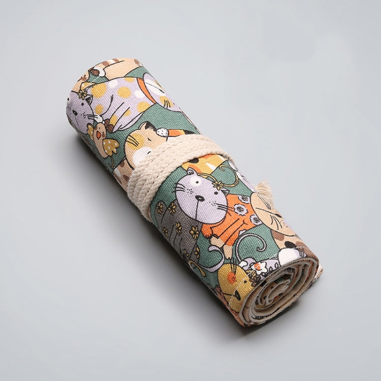 12 Holes Cotton Canvas Large Capacity Pen Curtain Big Face Cute Cat Cartoon Color Pencil Bag