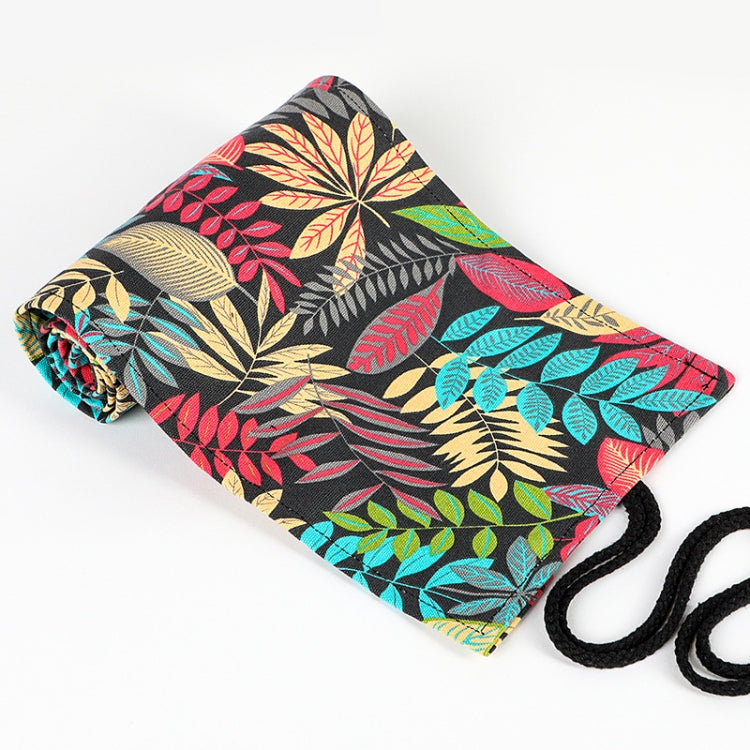 12 Holes Fallen Leaves Printed Canvula Pen Curtain Large Capacity Sketch Color Pencil Roll Pen Bag