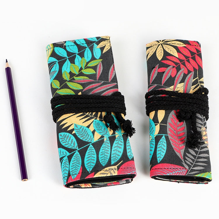 12 Holes Fallen Leaves Printed Canvula Pen Curtain Large Capacity Sketch Color Pencil Roll Pen Bag