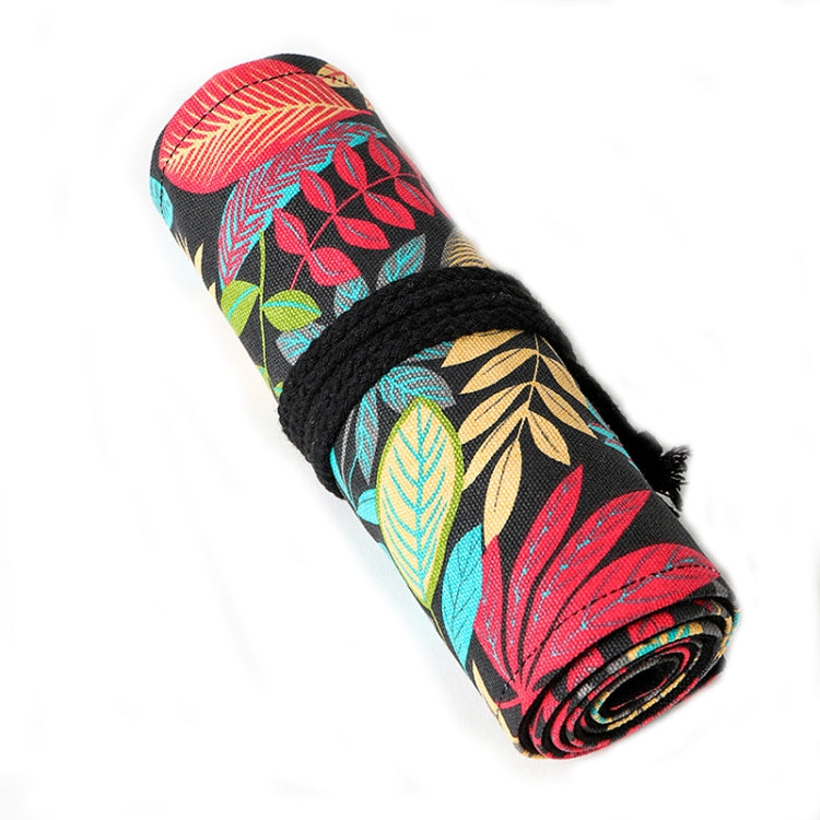 12 Holes Fallen Leaves Printed Canvula Pen Curtain Large Capacity Sketch Color Pencil Roll Pen Bag