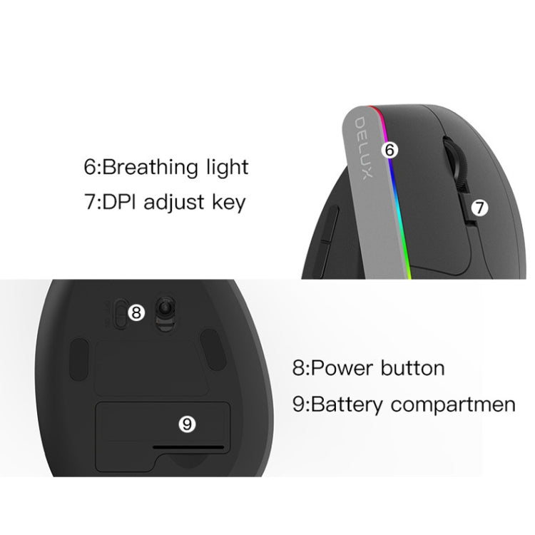 DELUX M618C 6 Keys 1600 DPI RGB Vertical Wireless Bluetooth Dual Mode Mouse My Store