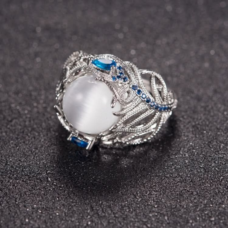 Vintage Silver Hollow Natural Opal Rings Feather Pattern Rings for Women Jewelry Reluova