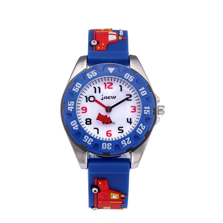 JNEW 6811-20076 Children Waterproof Cartoon 3D Fire Truck Car Silicone Strap Quartz Watch