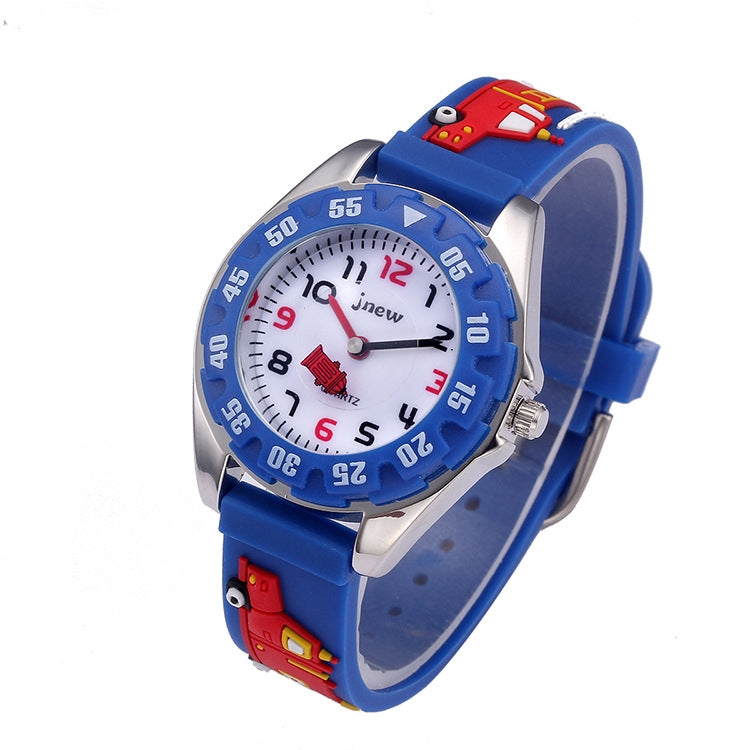 JNEW 6811-20076 Children Waterproof Cartoon 3D Fire Truck Car Silicone Strap Quartz Watch