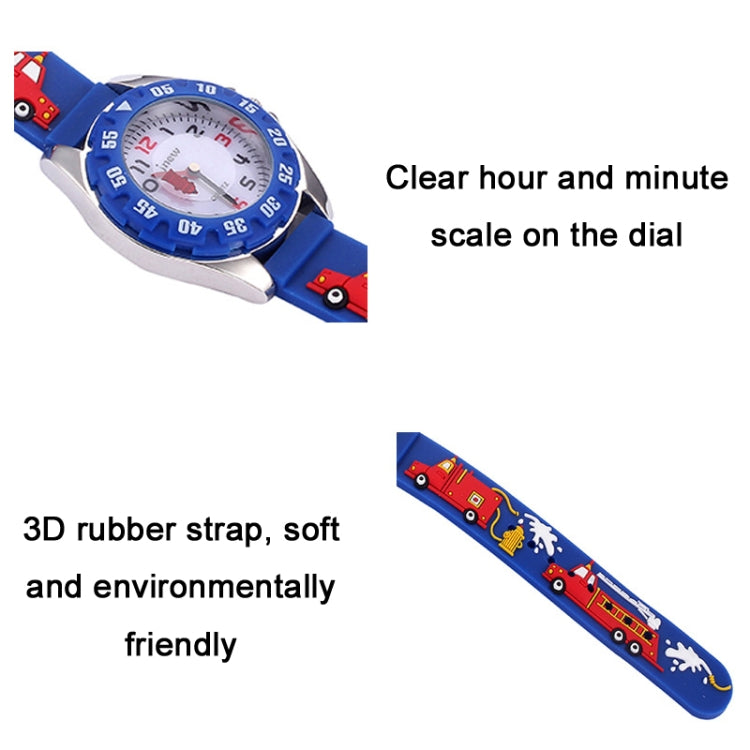 JNEW 6811-20076 Children Waterproof Cartoon 3D Fire Truck Car Silicone Strap Quartz Watch