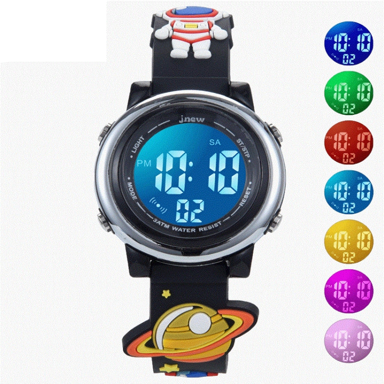 JNEW A380-86161 Children Cartoon 3D Space Planet Multifunctional Waterproof Sports LED Electronic Watch Reluova