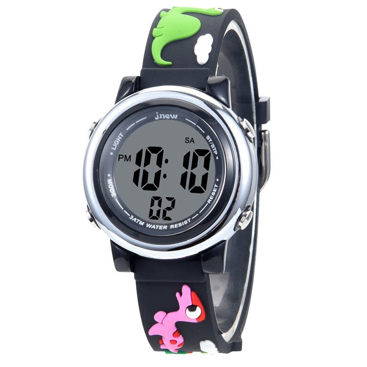 JNEW A380-20090-5 Children Cartoon Dinosaur Rhino Waterproof Time Recognition Colorful Backlight LED Electronic Watch