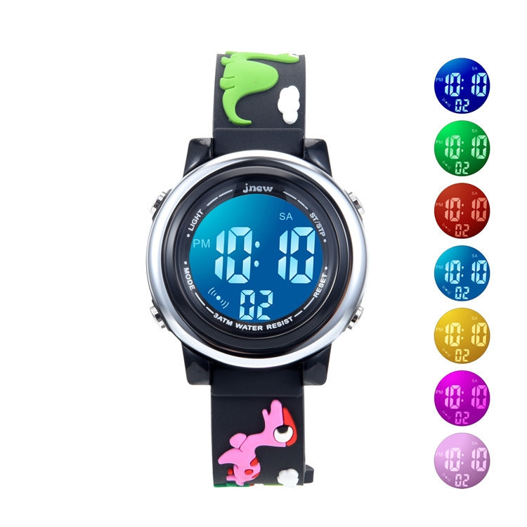 JNEW A380-20090-5 Children Cartoon Dinosaur Rhino Waterproof Time Recognition Colorful Backlight LED Electronic Watch Reluova