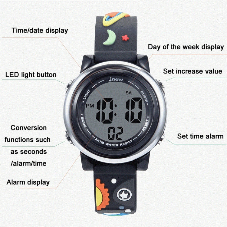 JNEW A380-86294 Children Waterproof Time Cognitive Cartoon Universe Colorful Backlight LED Electronic Watch Reluova