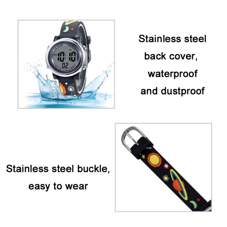 JNEW A380-86294 Children Waterproof Time Cognitive Cartoon Universe Colorful Backlight LED Electronic Watch Reluova