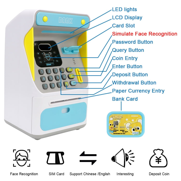 8010 Simulated Face Recognition ATM Machine Piggy Bank Password Automatic Rolling Money Safe Piggy Bank,Style: