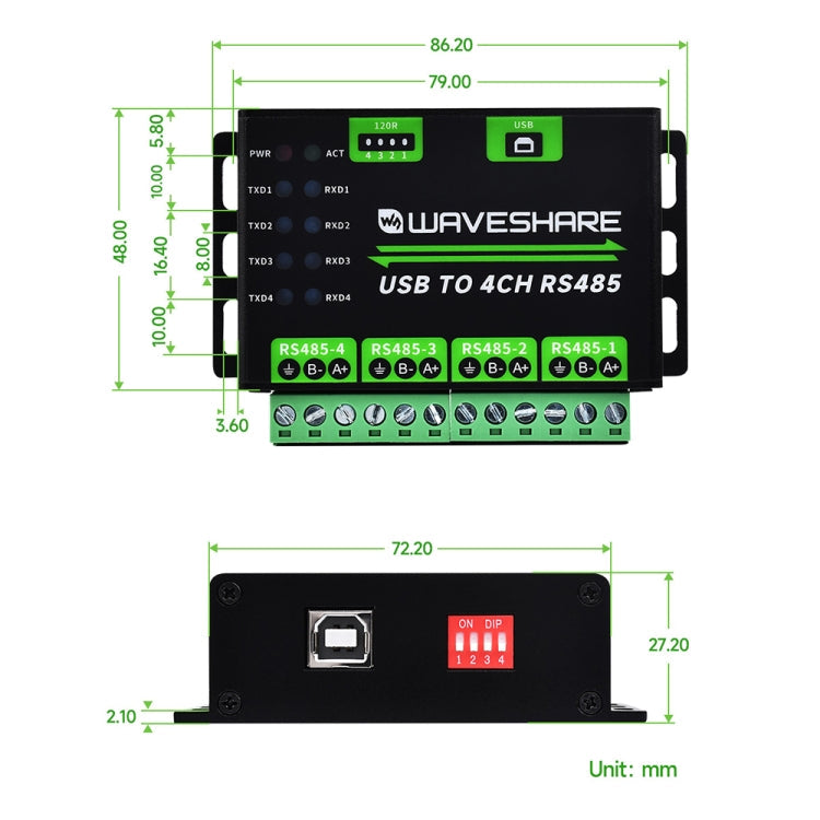 Waveshare 25219 Industrial USB To 4Ch RS485 Converter Reluova