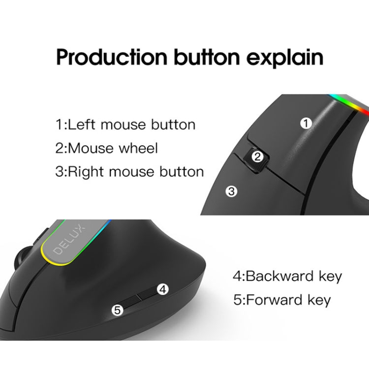 DELUX M618DB 6-Keys 1600 DPI RGB Vertical Wireless Bluetooth Dual-Mode Mouse