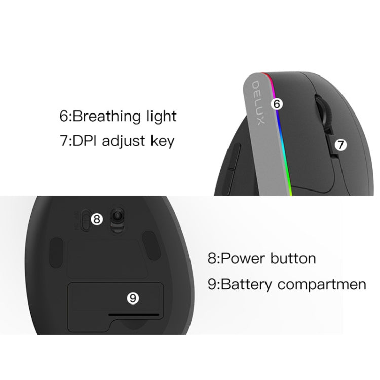 DELUX M618DB 6-Keys 1600 DPI RGB Vertical Wireless Bluetooth Dual-Mode Mouse My Store