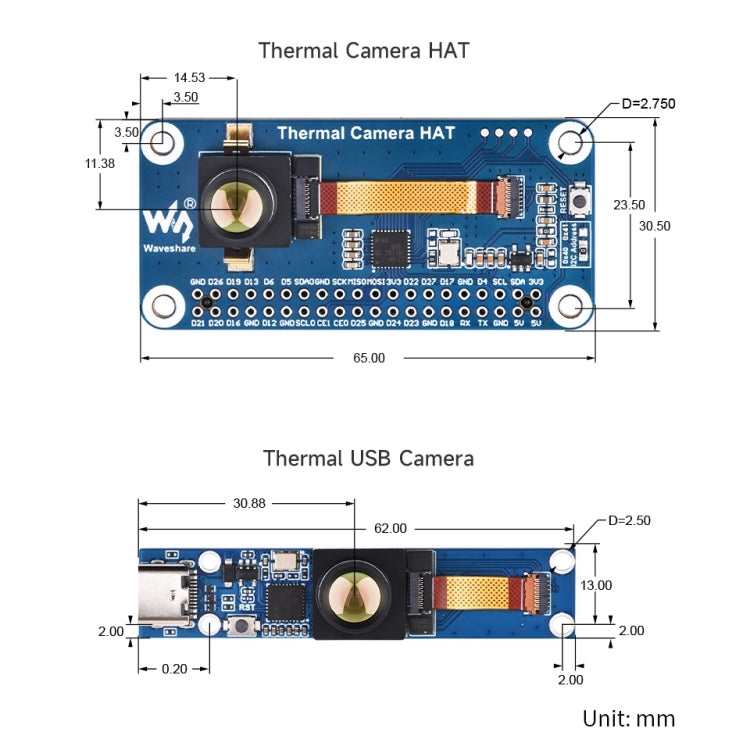 Waveshare Long-Wave IR Thermal Imaging Camera Module, 80×62 Pixels, 45°FOV