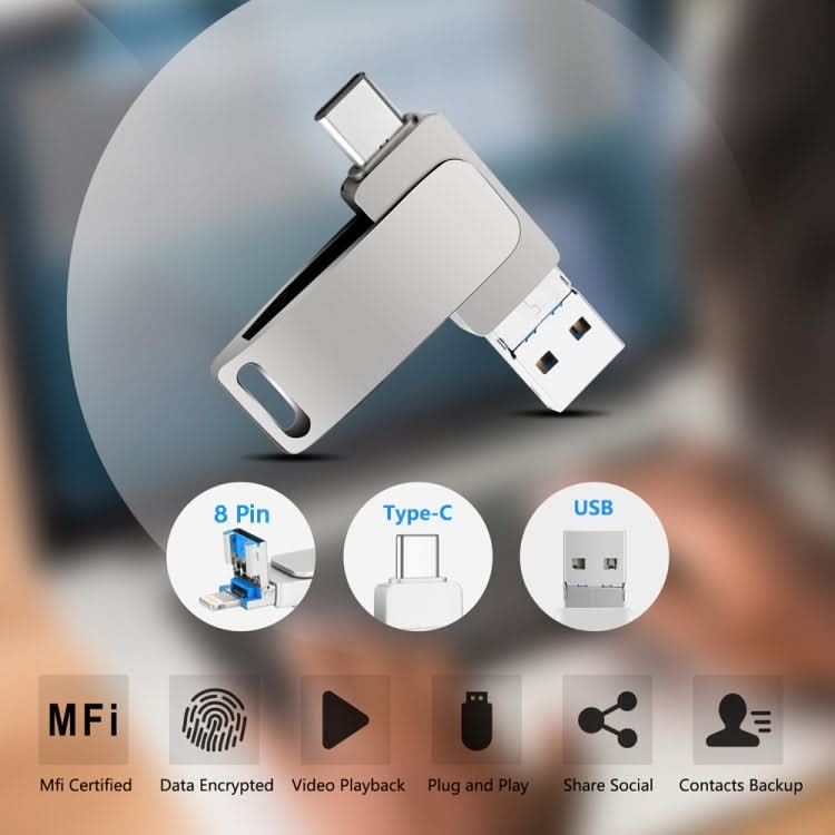 USB 3.0 + 8 Pin + USB-C / Type-C 3 in 1 Phone Computer Metal Rotatable U-Disk