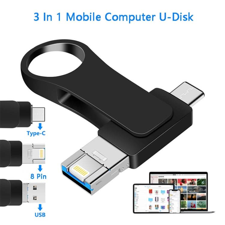 USB 3.0 + 8 Pin + USB-C / Type-C 3 in 1 Mobile Computer Metal U-Disk