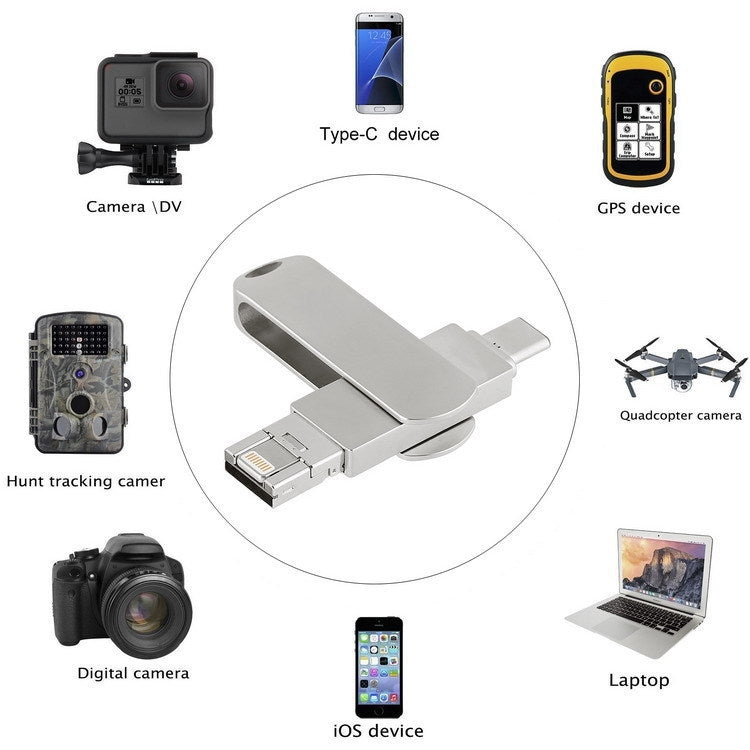 USB 3.0 + 8 Pin + USB-C / Type-C 3 in 1 Phone Computer Rotatable Metal U-Disk