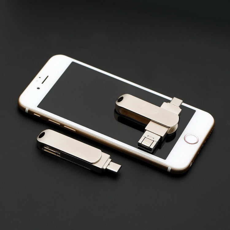 USB 3.0 + 8 Pin + USB-C / Type-C 3 in 1 Phone Computer Rotatable Metal U-Disk