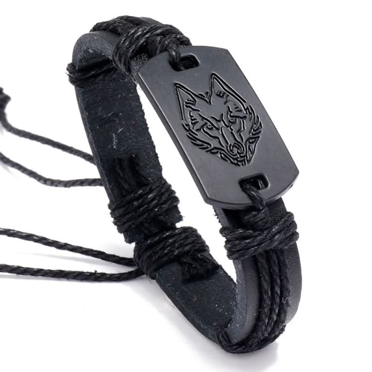 B01916 Men Leather Wolf Head Woven Bracelet Reluova