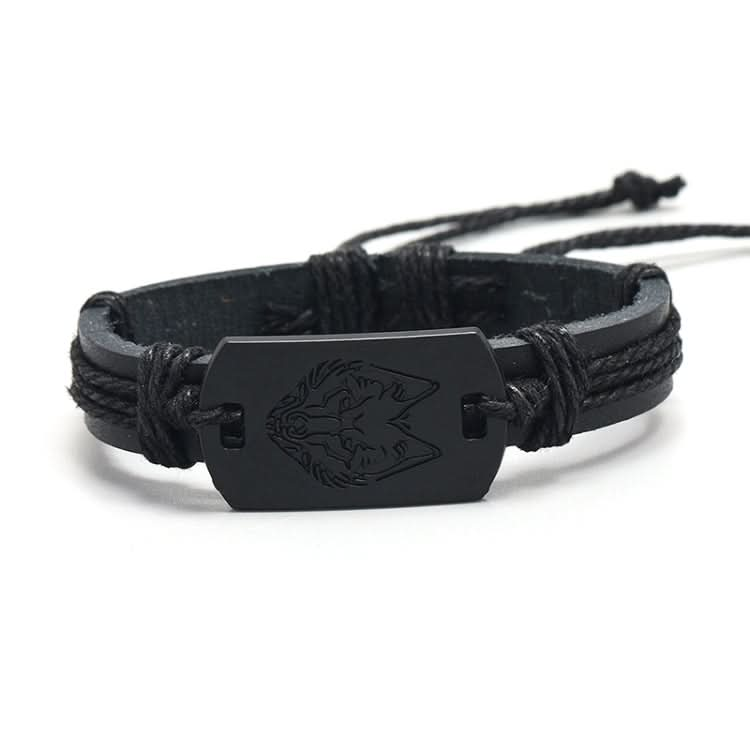 B01916 Men Leather Wolf Head Woven Bracelet Reluova