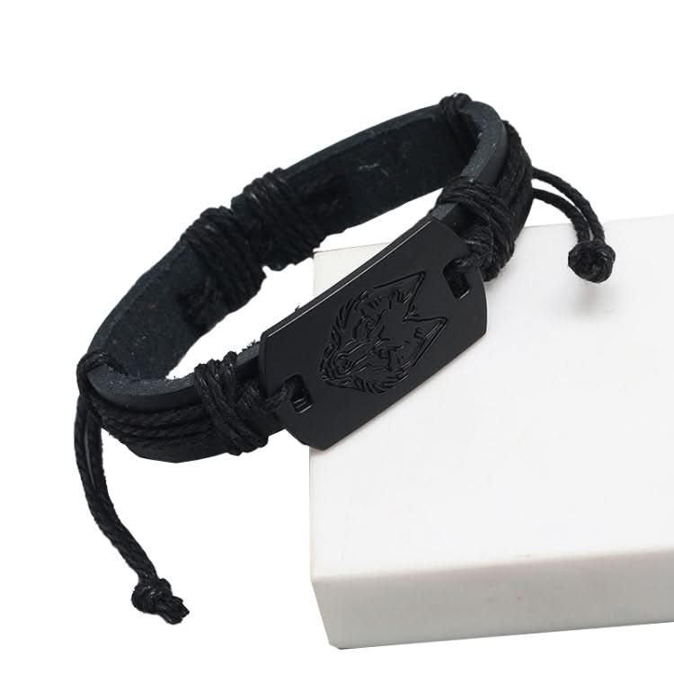 B01916 Men Leather Wolf Head Woven Bracelet Reluova