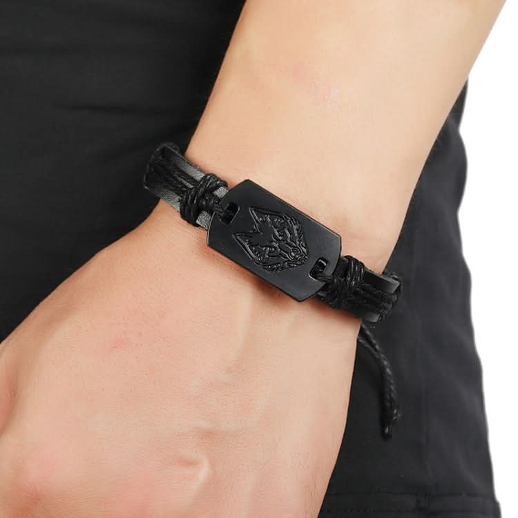 B01916 Men Leather Wolf Head Woven Bracelet Reluova