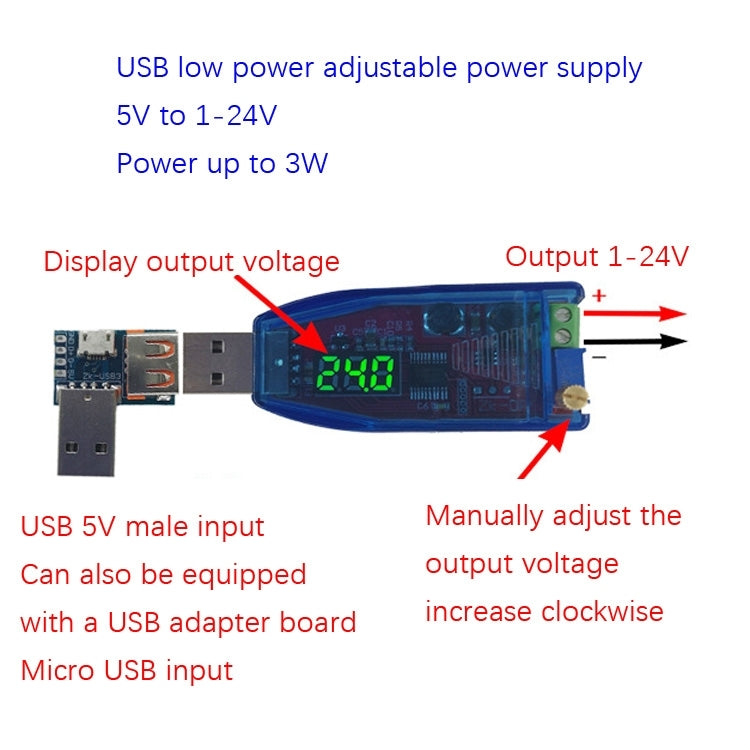 5V To 1-24V DC-DC USB Adjustable Power Supply Regulator Module, Color Random Delivery Reluova