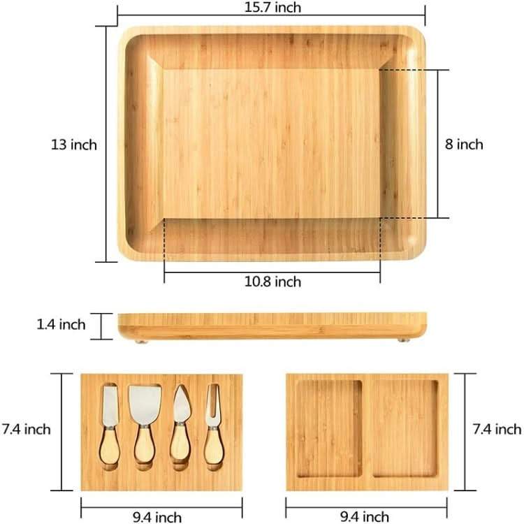 Natural Bamboo Cheese Board +4 Knife Set Reluova