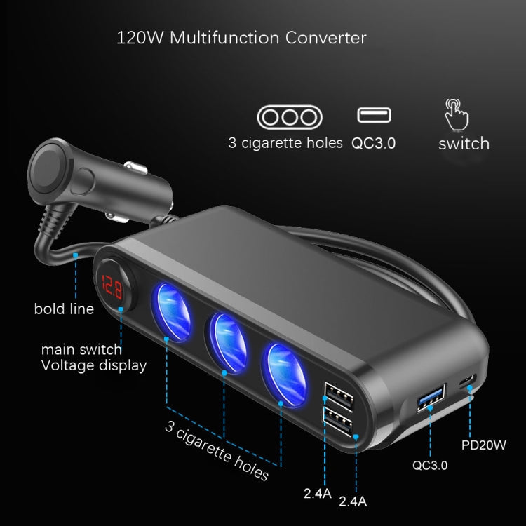 3USB QC3.0 Fast Charge + PD 120W Car Conversion Charger