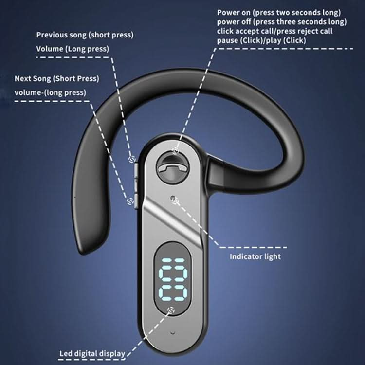 V28 Bluetooth Headset Hanging Ear Digital Display Single Ear Voice Control Earphone