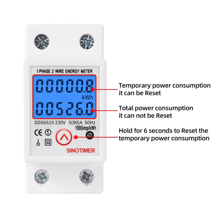 SINOTIMER DDS6619-526L-2 Can Reset Zero Backlight Display Single-phase Rail Electric Energy Meter