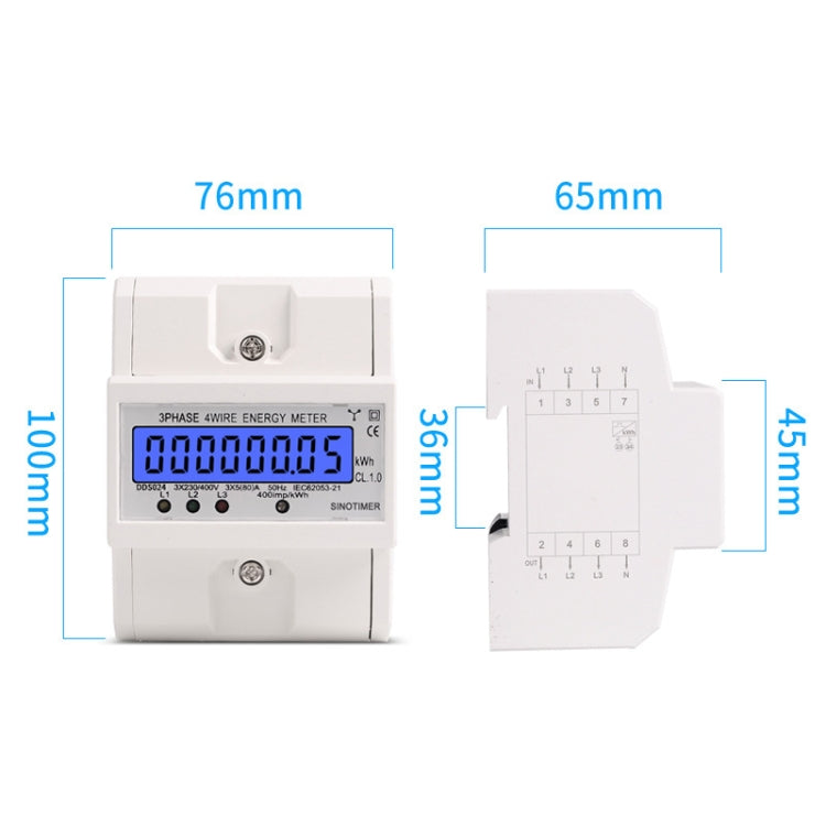 SINOTIMER Three-Phase Backlight Display Rail Type Electricity Meter 5-100A 400V