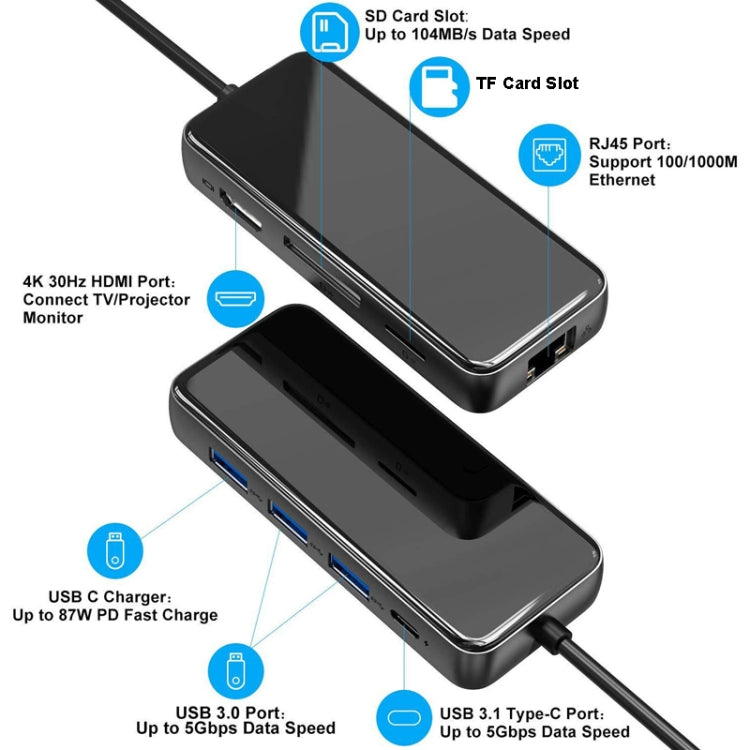 Type-C Extension Dock HDMI Hub Mirror Laptop 8 In 1 Converter