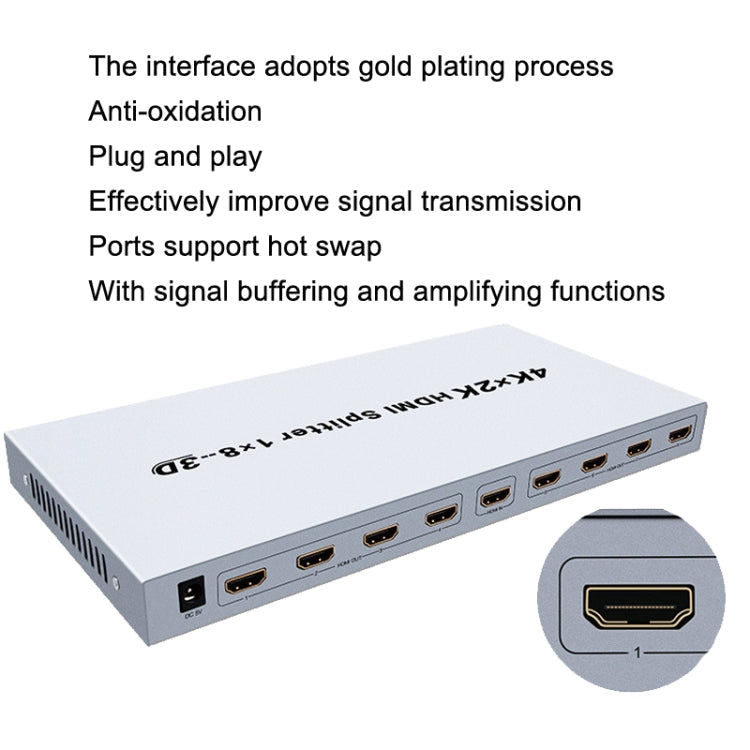 DTECH DT-7148 HDMI 2.0 1 In 8 Out 4K X 2K HD Splitter, CN Plug