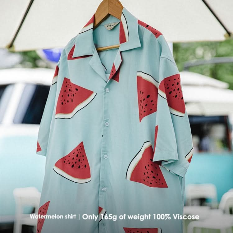 TW2101202 Men Watermelon Print Short Sleeve Cuban Collar Vintage Loose Shirt Reluova