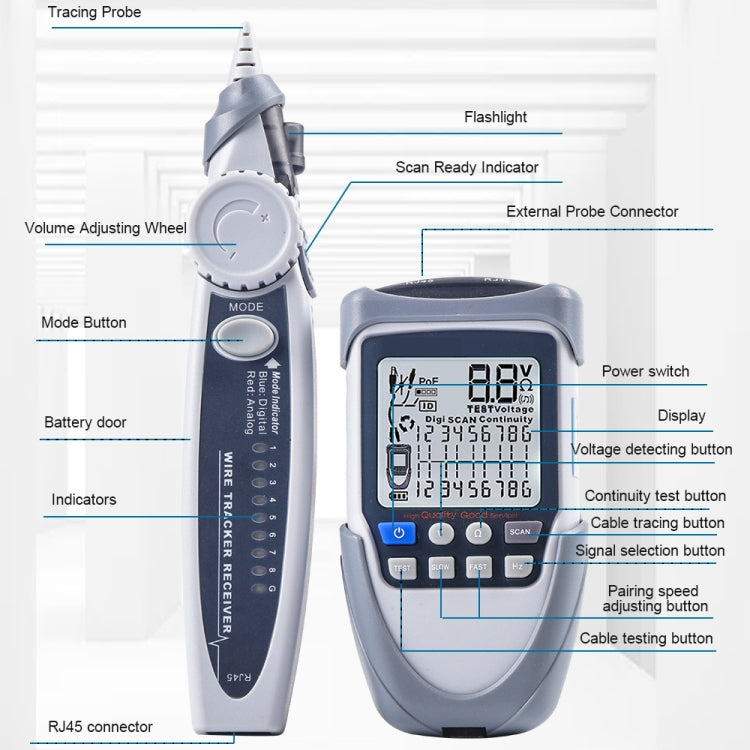 Network Cable Tester Wire Tracker Battery Voltage POE Test Multi-function Cable Tester