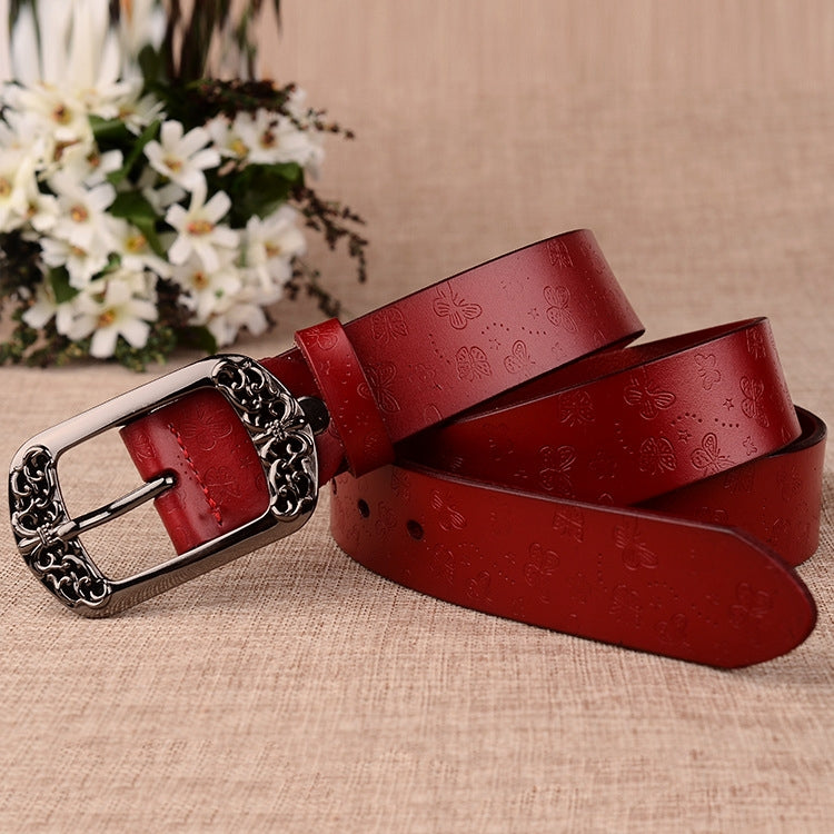 ZK--067 Retro Engraved Buckle Butterfly Print Pin Buckle Leather Belt, Length: