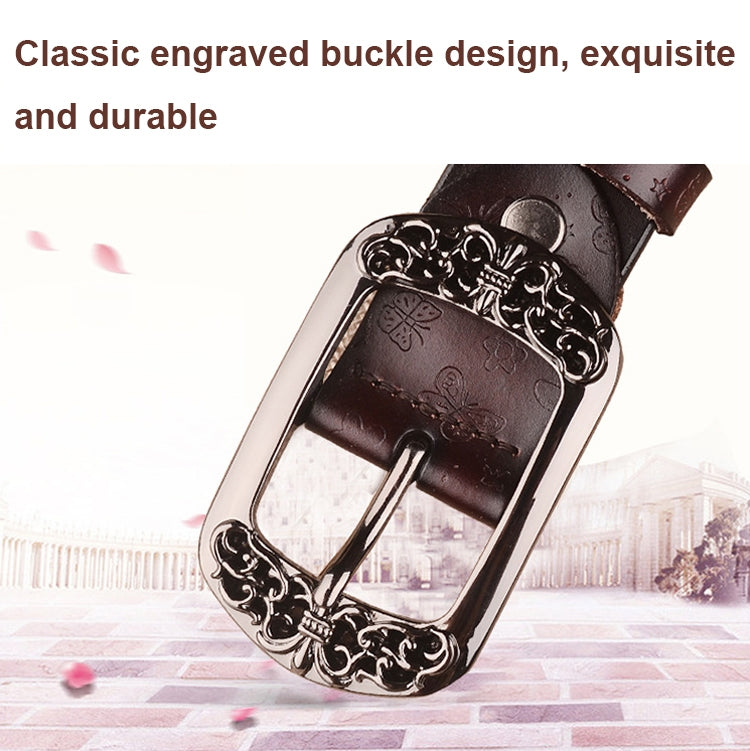 ZK--067 Retro Engraved Buckle Butterfly Print Pin Buckle Leather Belt, Length: