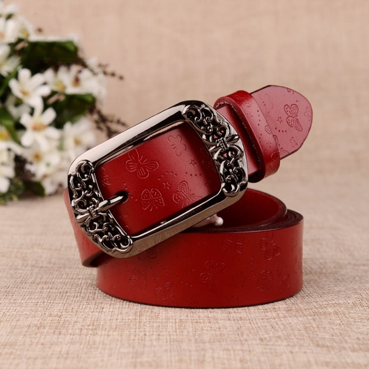 ZK--067 Retro Engraved Buckle Butterfly Print Pin Buckle Leather Belt, Length: Reluova