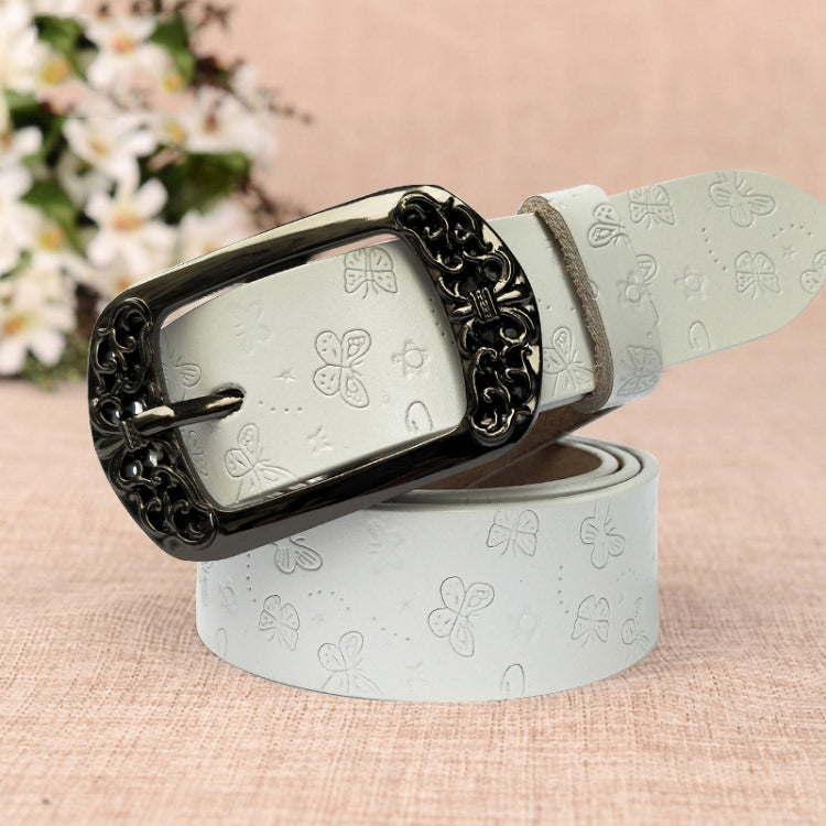 ZK--067 Retro Engraved Buckle Butterfly Print Pin Buckle Leather Belt, Length: