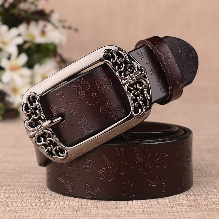 ZK--067 Retro Engraved Buckle Butterfly Print Pin Buckle Leather Belt, Length: