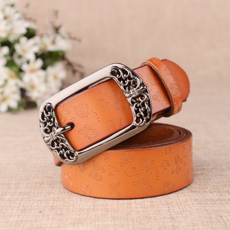 ZK--067 Retro Engraved Buckle Butterfly Print Pin Buckle Leather Belt, Length: Reluova