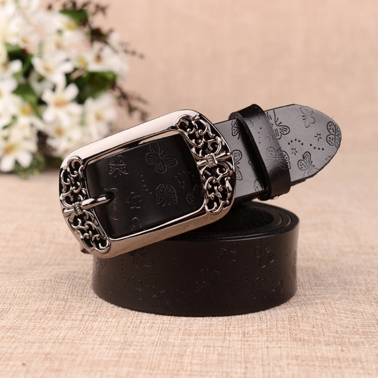 ZK--067 Retro Engraved Buckle Butterfly Print Pin Buckle Leather Belt, Length: