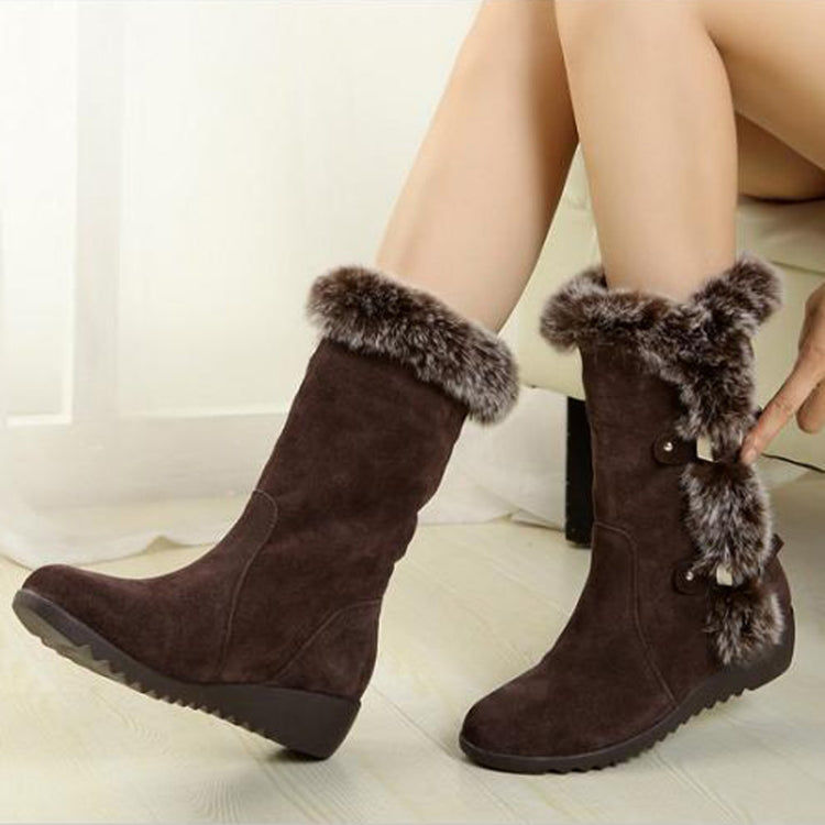 Women Mid-calf Snow Boots Thick-soled Faux Rabbit Fur Cotton Boots Reluova