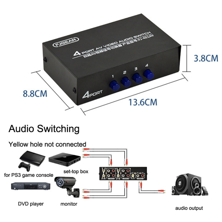 FJGEAR FJ-401AV Lotus Head Interface 4-way AV Audio and Video Switcher My Store